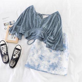 Set: V-neck Top + Printed High-waist Skirt