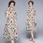 Elbow-sleeve Floral Embroidered Lace Midi A-line Qipao Dress