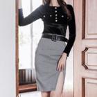 Set: Long-sleeve Buttoned Top + Slit Sheath Skirt