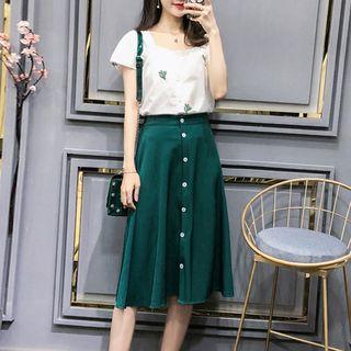 Set: Short-sleeve Cactus Embroidered Top + Midi A-line Skirt