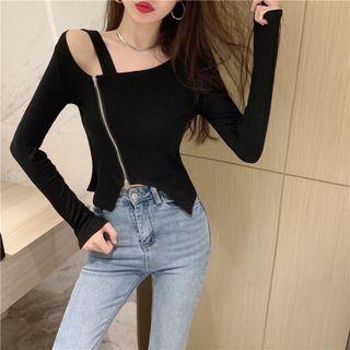 Irregular Cold-shoulder Zip Cropped T-shirt