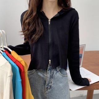 Hooded Long-sleeve Plain Zip Cardigan