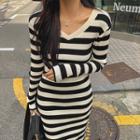 V-neck Slit-back Maxi Striped Dress