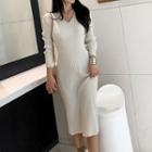 V-neck Rib Knit Dress Beige Almond - One Size