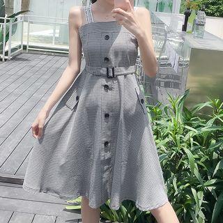 Striped Button Spaghetti Strap A-line Dress