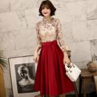 Elbow-sleeve Sequined Fringe Midi A-line Cocktail Dress