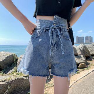 High-waist Distressed Wide Leg Denim Shorts