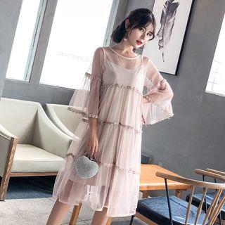 Set: 3/4-sleeve Embellished A-line Mesh Dress + Slipdress