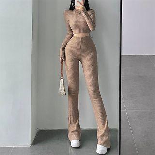 Set: Long-sleeve Knit Crop Top + Boot-cut Pants