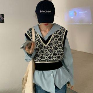 V-neck Patterned Cropped Vest / Long-sleeve Plain Shirt