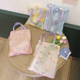 Embroidered Flower Mesh Tote Bag