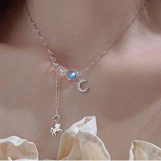Rhinestone Moon Unicorn Chain Necklace Blue & Silver - One Size