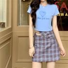 Short-sleeve Heart Printed Cropped T-shirt / Plaid Mini Skirt