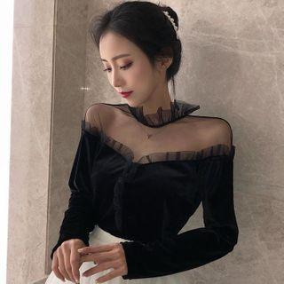 Mesh Panel Ruffle Trim Long-sleeve T-shirt