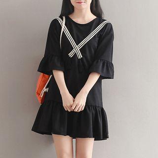 Elbow Sleeve Striped Ruffle Hem Dress