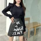 Lettering Faux Leather Mini A-line Skirt / Knit Crop Top