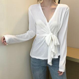 V-neck Side Tie Long-sleeve T-shirt