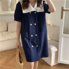 Short-sleeve Contrast Collar Double-breasted Shift Dress Dark Blue - One Size