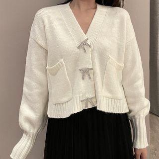 V-neck Rhinestone Bow Cardigan White - One Size