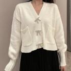 V-neck Rhinestone Bow Cardigan White - One Size