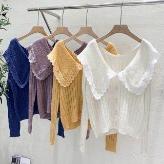 Peter Pan Collar Lace Panel Knit Cardigan
