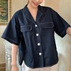 Plain Short Sleeve Shirt Navy Blue - One Size