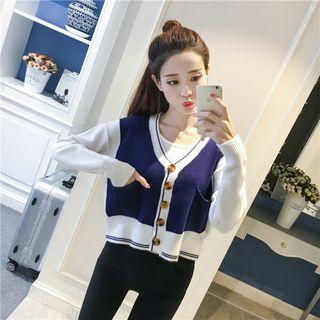 Long-sleeve V-neck Panel Cardigan