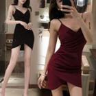 Draped V-neck Spaghetti Strap Bodycon Mini Dress