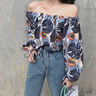 Long-sleeve Off-shoulder Leaf Print Blouse