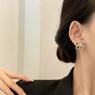 Rhinestone Bow Stud Earring A408 - 1 Pair - Gold - One Size
