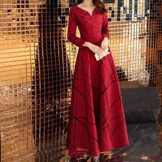 Long-sleeve Split-neck Midi A-line Dress