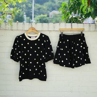 Heart Pattern Sweatshirt & Skort Set Black - One Size