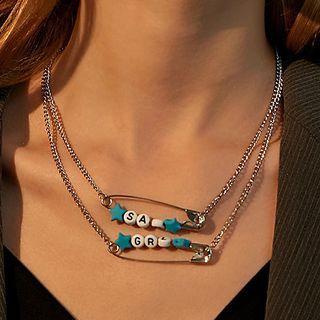 Layered Lettering Bead Safety Pin Necklace Dz-327 - Blue - One Size