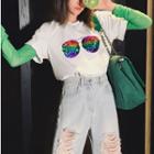 Short-sleeve Plain Crew-neck Print Loose-fit T-shirt