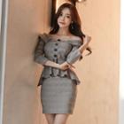 Plaid Off Shoulder 3/4 Sleeve Peplum Dress