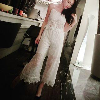 Set: Spaghetti-strap Lace Top + High-waist Lace Wide-leg Pants