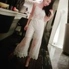 Set: Spaghetti-strap Lace Top + High-waist Lace Wide-leg Pants