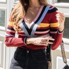 Long-sleeve Color Block Knit Top Wine Red - One Size