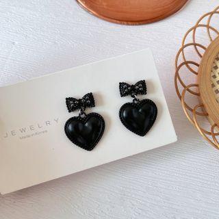 Heart Drop Earring 1 Pair - 925 Silver - Black - One Size