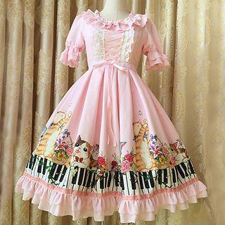 Cat Print Lace Trim Short Sleeve A-line Dress