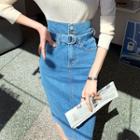 Button-fly High-waist Midi Denim Skirt
