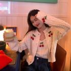 Set: Cherry Accent Knit Crop Tank Top + Cardigan Set - Almond - One Size
