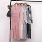 Set: Slipdress + Mesh Lace Up Long-sleeve Midi A-line Dress