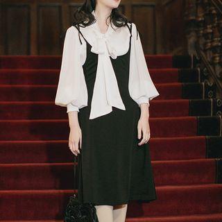 Set: Long-sleeve Ribbon Blouse + Spaghetti Strap A-line Dress
