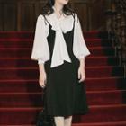 Set: Long-sleeve Ribbon Blouse + Spaghetti Strap A-line Dress
