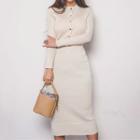 Long-sleeve Button-detail Midi Sheath Knit Dress Beige Almond - One Size