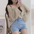 V-neck Loose-knit Sweater Almond - One Size