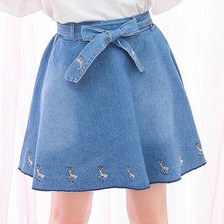 Deer Embroidered Denim A-line Skirt