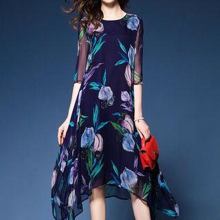 Printed 3/4 Sleeve Midi A-line Dress