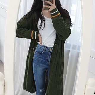 Petite Size Piped Long Cable-knit Cardigan